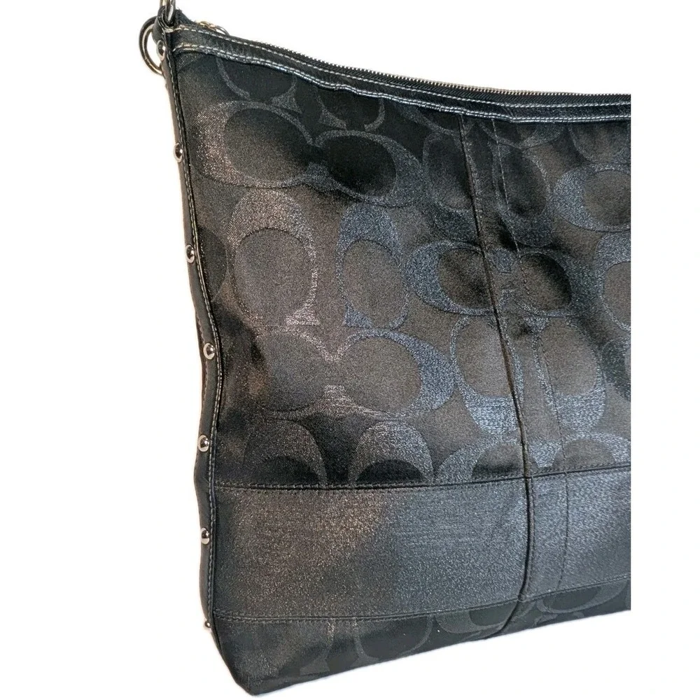 Coach 12904 Black Signature C Lurex Studded Tote Shoulder Bag Leather Trim Purse